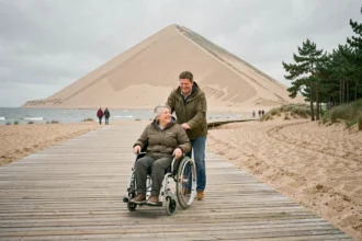 Femme en fauteuil roulant sur la passerelle en bois accessible au pied de la Dune du Pilat avec son accompagnateur