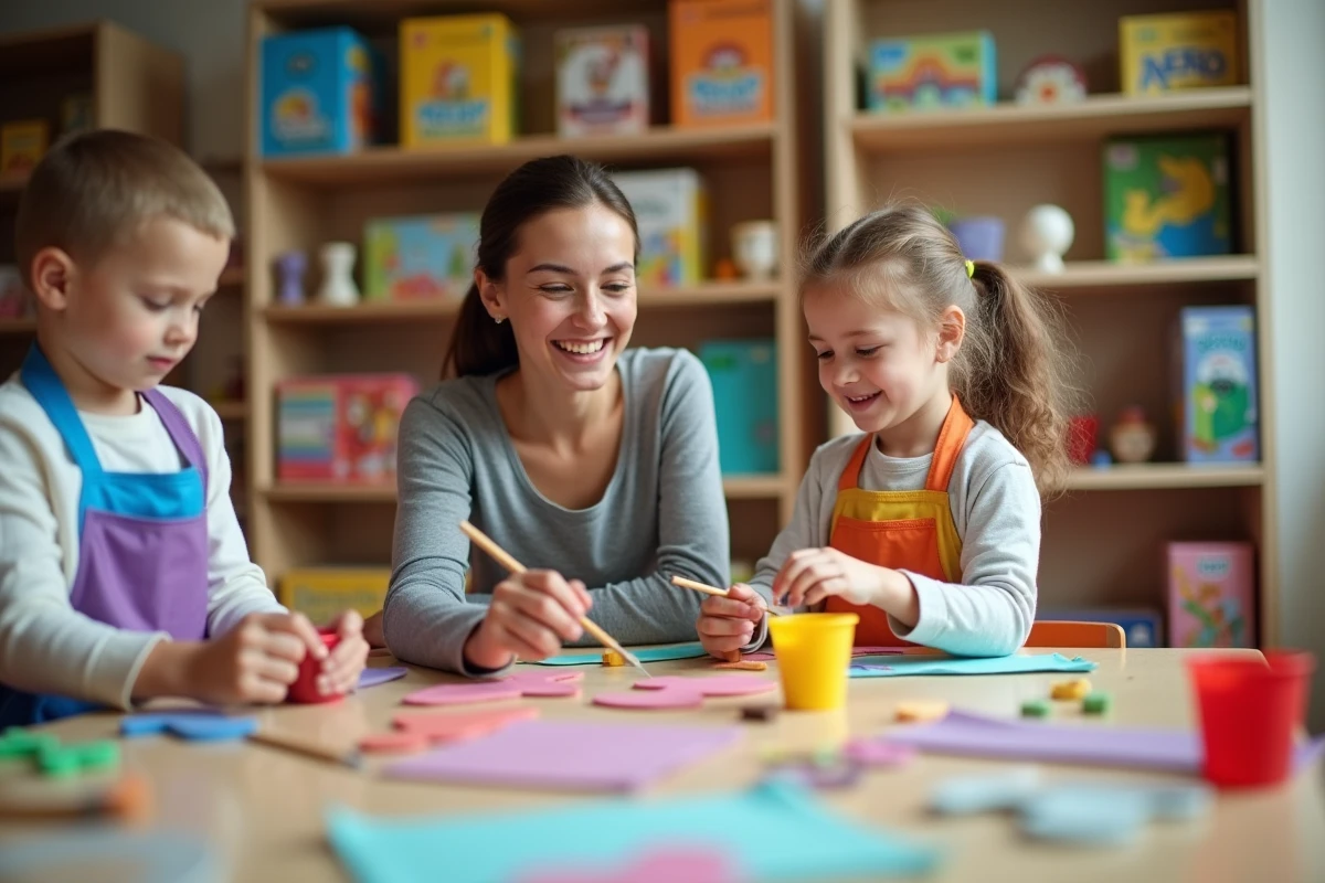 Enfants participant à un atelier créatif encadré dans un espace de jeux couverts en baie de Somme