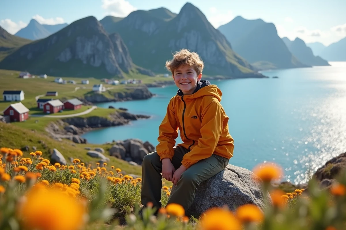 Adolescent souriant assis sur un rocher en Lofoten en été