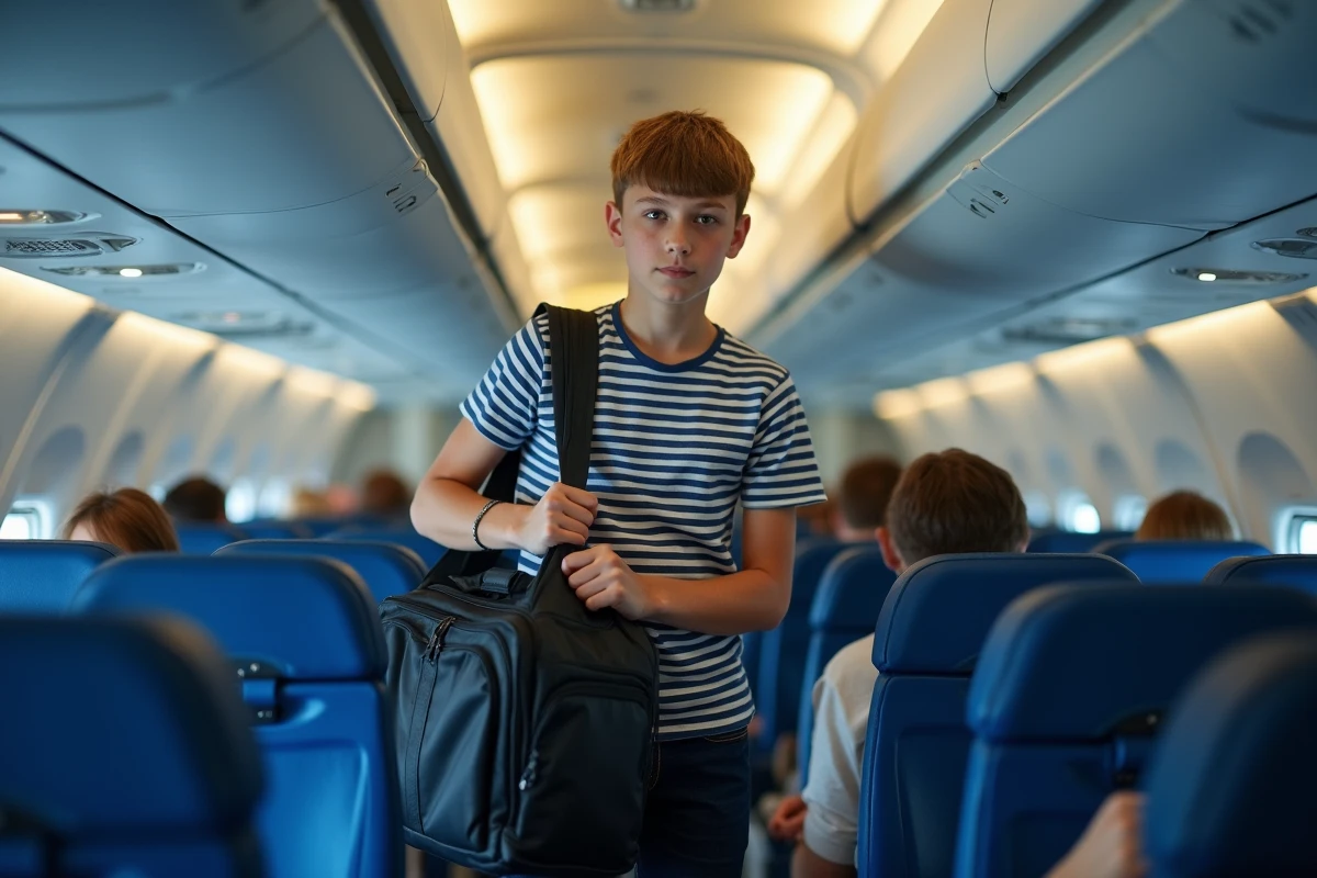 Adolescent de 16 ans rangeant son bagage à main dans le compartiment supérieur d'un avion lors d'un vol intérieur en France