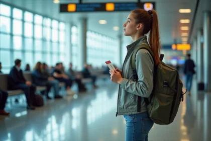 Adolescente de 16 ans seule à l'aéroport tenant une carte d'embarquement devant un panneau des départs pour un vol intérieur en France