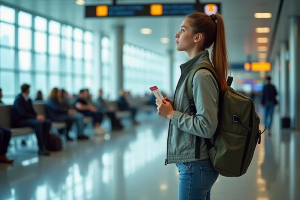 Adolescente de 16 ans seule à l'aéroport tenant une carte d'embarquement devant un panneau des départs pour un vol intérieur en France
