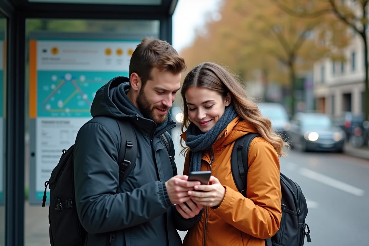 Deux amis consultant Mappy sur smartphone à un arrêt de bus pour trouver leurs correspondances en transports en commun