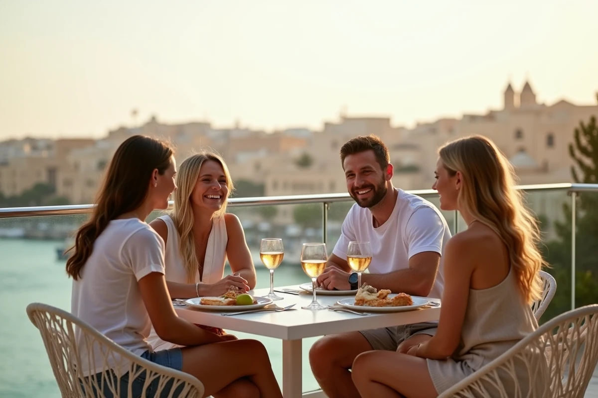 Groupe d amis sur une terrasse avec vue sur St Julian’s