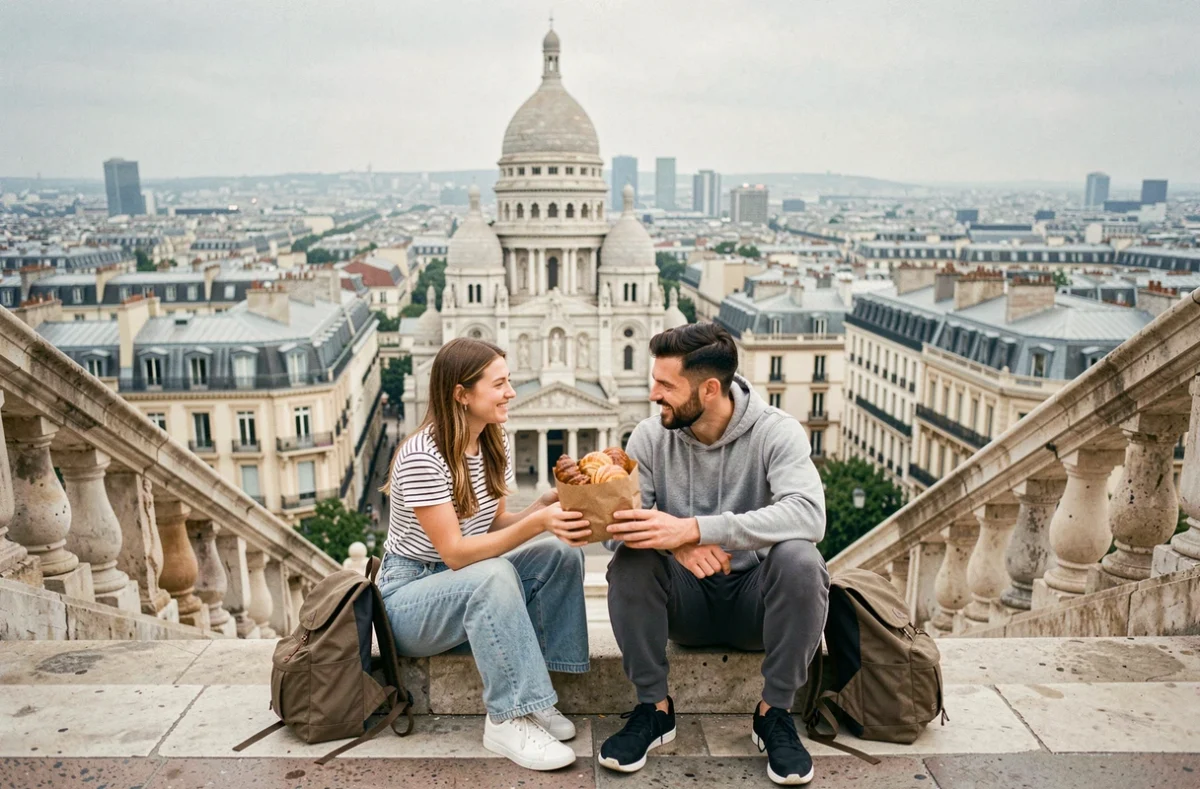 Deux amis assis sur les marches du Sacré-Cœur admirant le panorama de Paris lors d'une balade à pied
