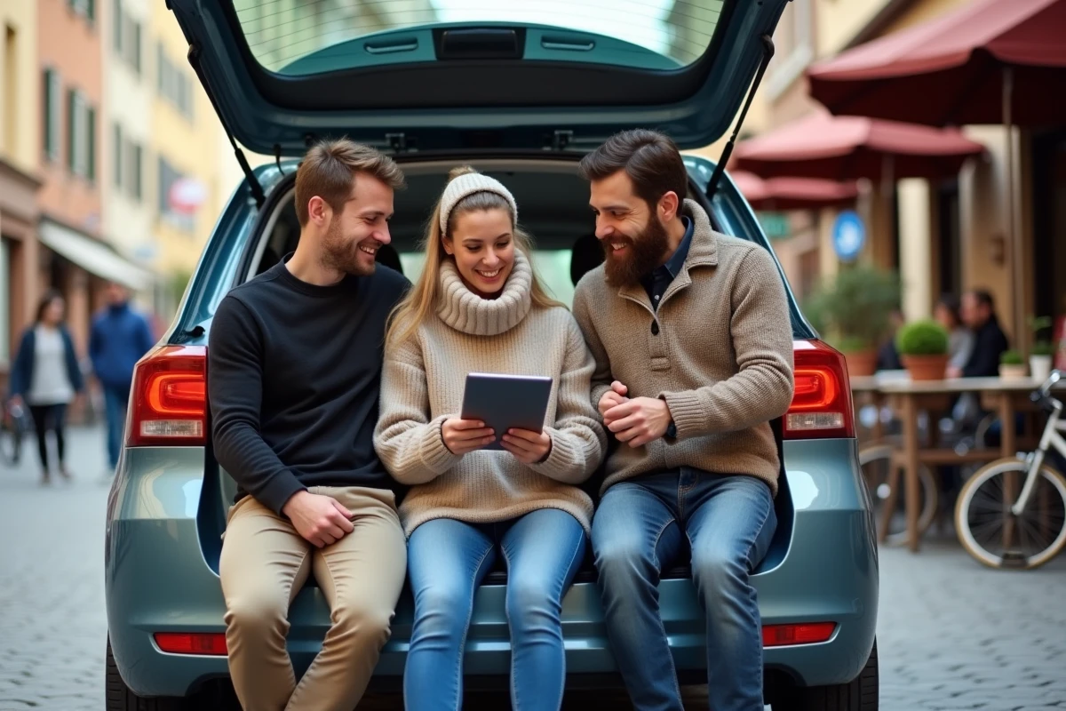 Trois amis rient autour d un coffre de voiture en ville