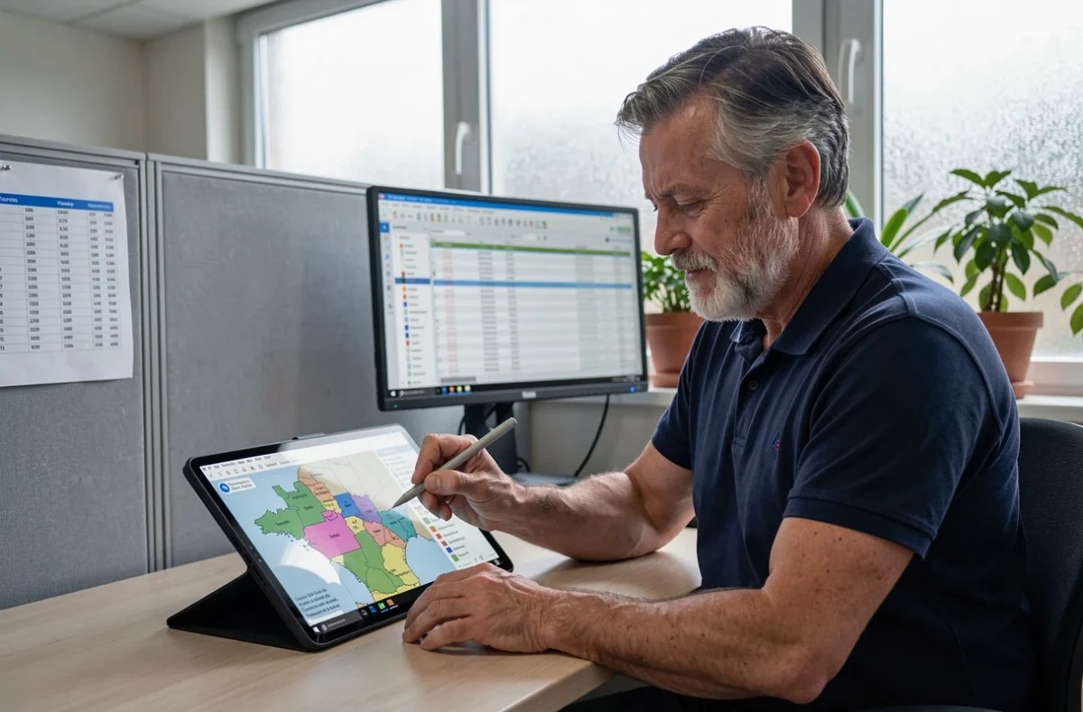 Fonctionnaire annotant une carte numérique personnalisée de la Guyane française avec des zones colorées sur une tablette