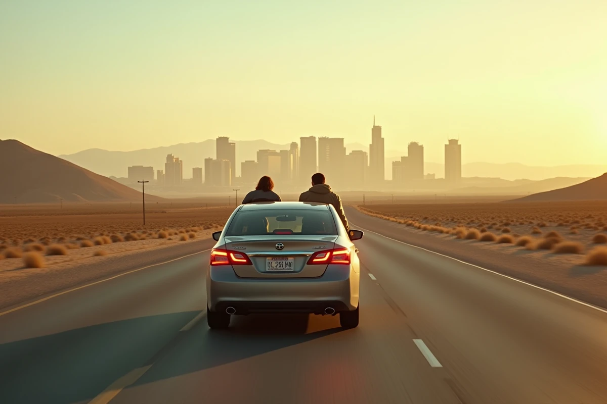 Voiture approchant Las Vegas sur l'autoroute I-15 avec la skyline du Strip visible à l'horizon depuis Los Angeles