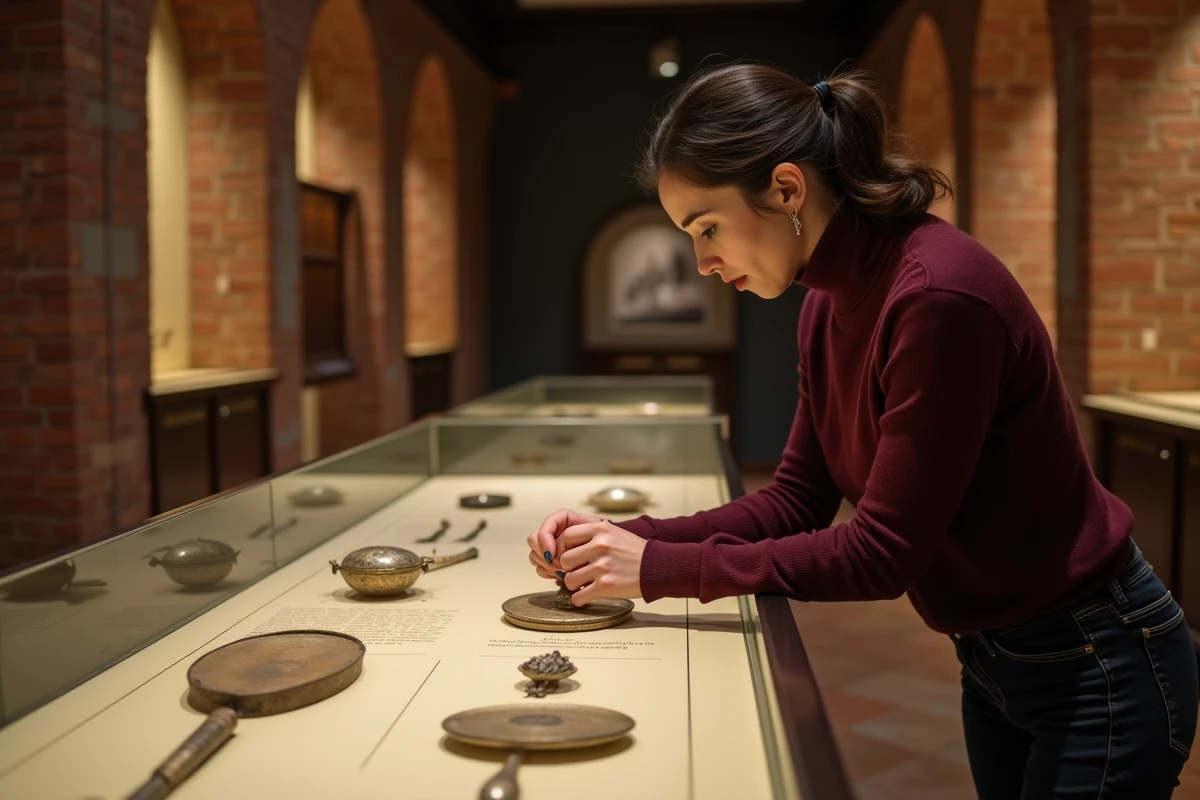 Femme observant des artefacts authentiques de l'époque du Titanic dans une vitrine de musée à Lyon