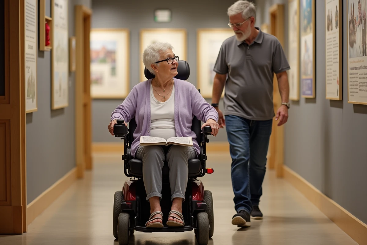 Dame âgée en fauteuil roulant visitant une attraction intérieure accessible en baie de Somme