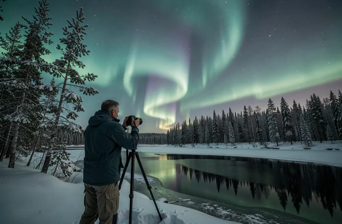 Photographe observant et capturant les aurores boréales au bord d'un lac gelé en Laponie finlandaise lors d'une croisière nordique