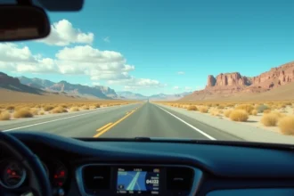 Vue depuis l'intérieur d'une voiture sur l'autoroute I-15 traversant le désert de Mojave entre Los Angeles et Las Vegas