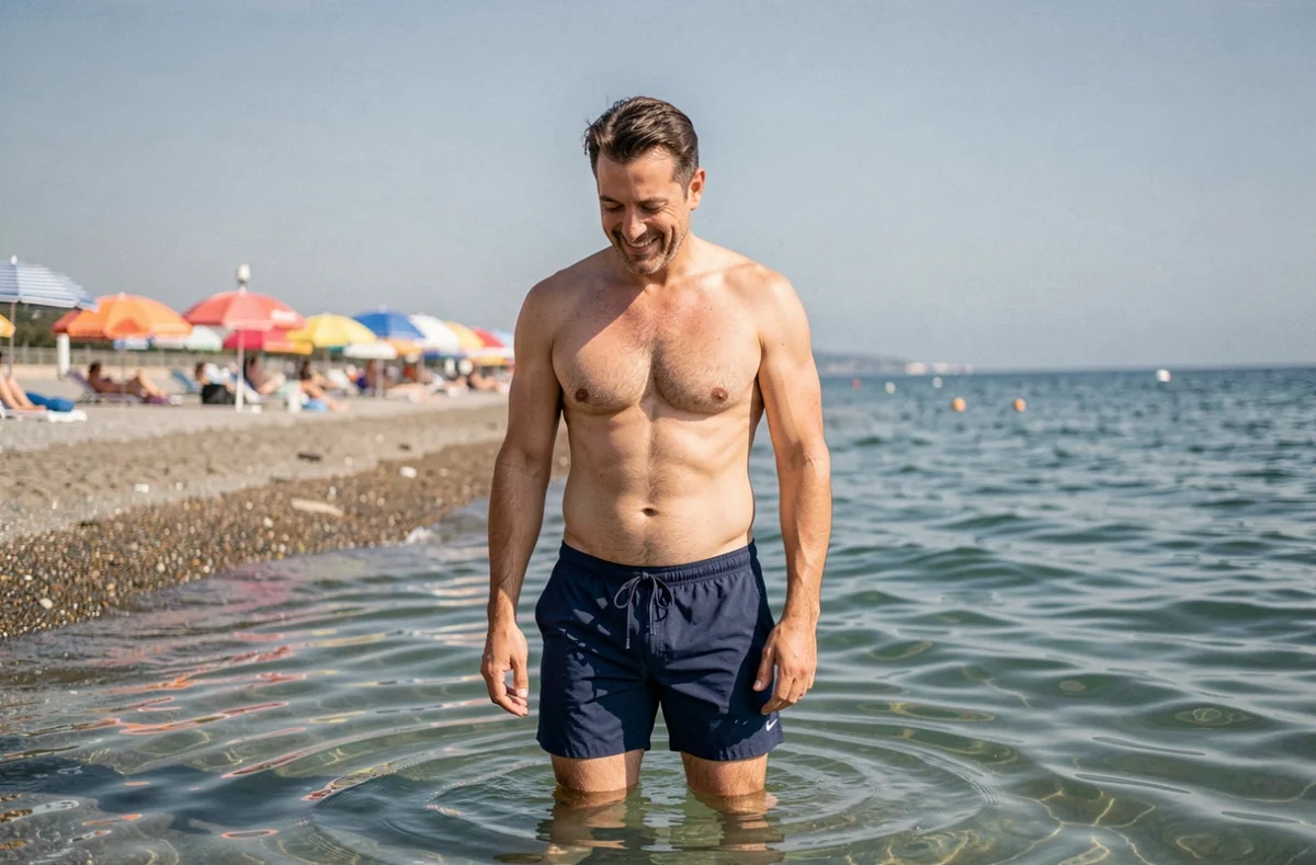 Homme dans l'eau des plages du centre de Nice en été avec vue sur le bord de mer