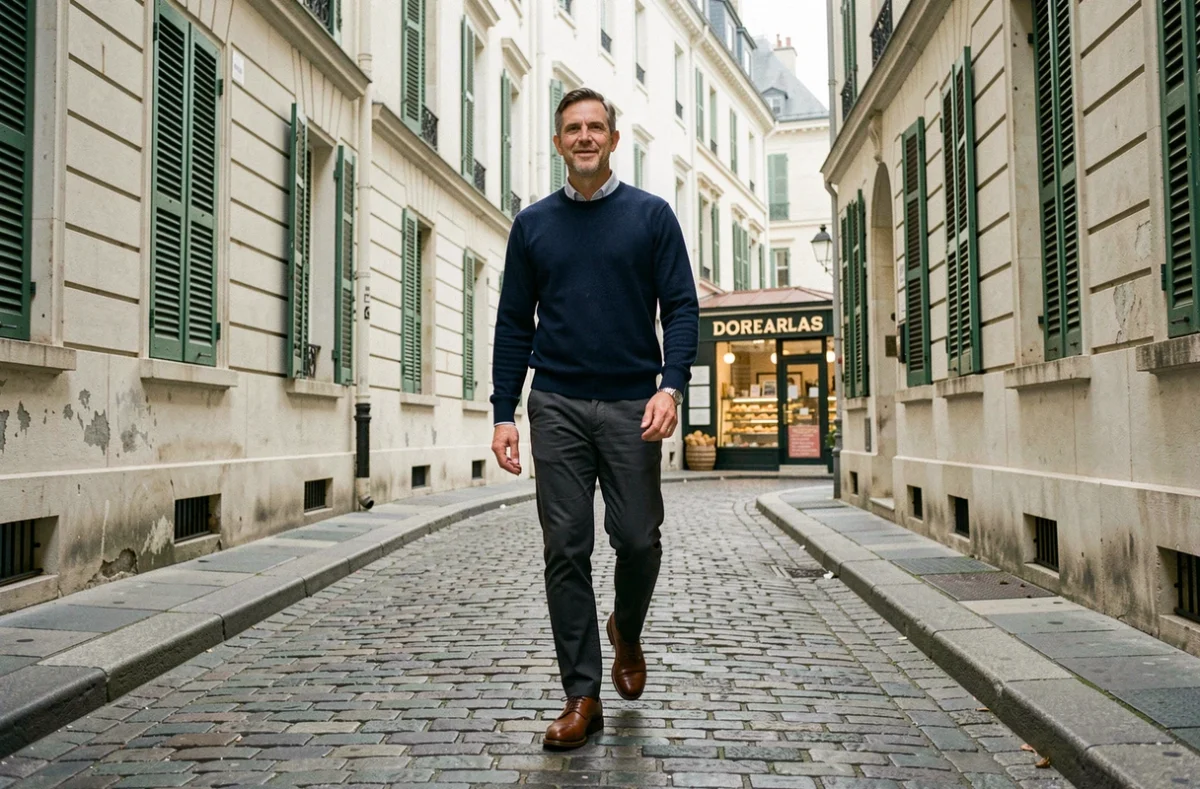 Homme se promenant dans une ruelle pavée de Montmartre lors d'un itinéraire pédestre à Paris