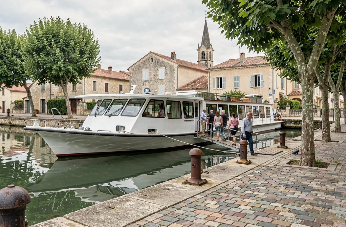 Bateau de croisière amarré au quai d'un village pittoresque au bord de la Garonne