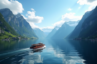 Petite bateau naviguant dans le fjord de Geiranger avec montagnes enneigées