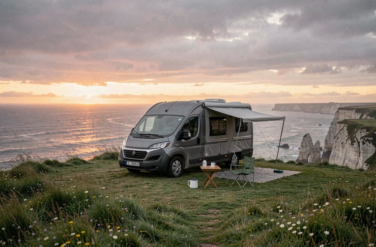 Bivouac en camping-car au bord des falaises d'Ault au crépuscule avec vue panoramique sur la Manche