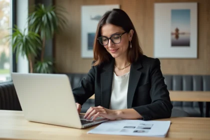 Femme professionnelle préparant un media kit pour un blog voyage
