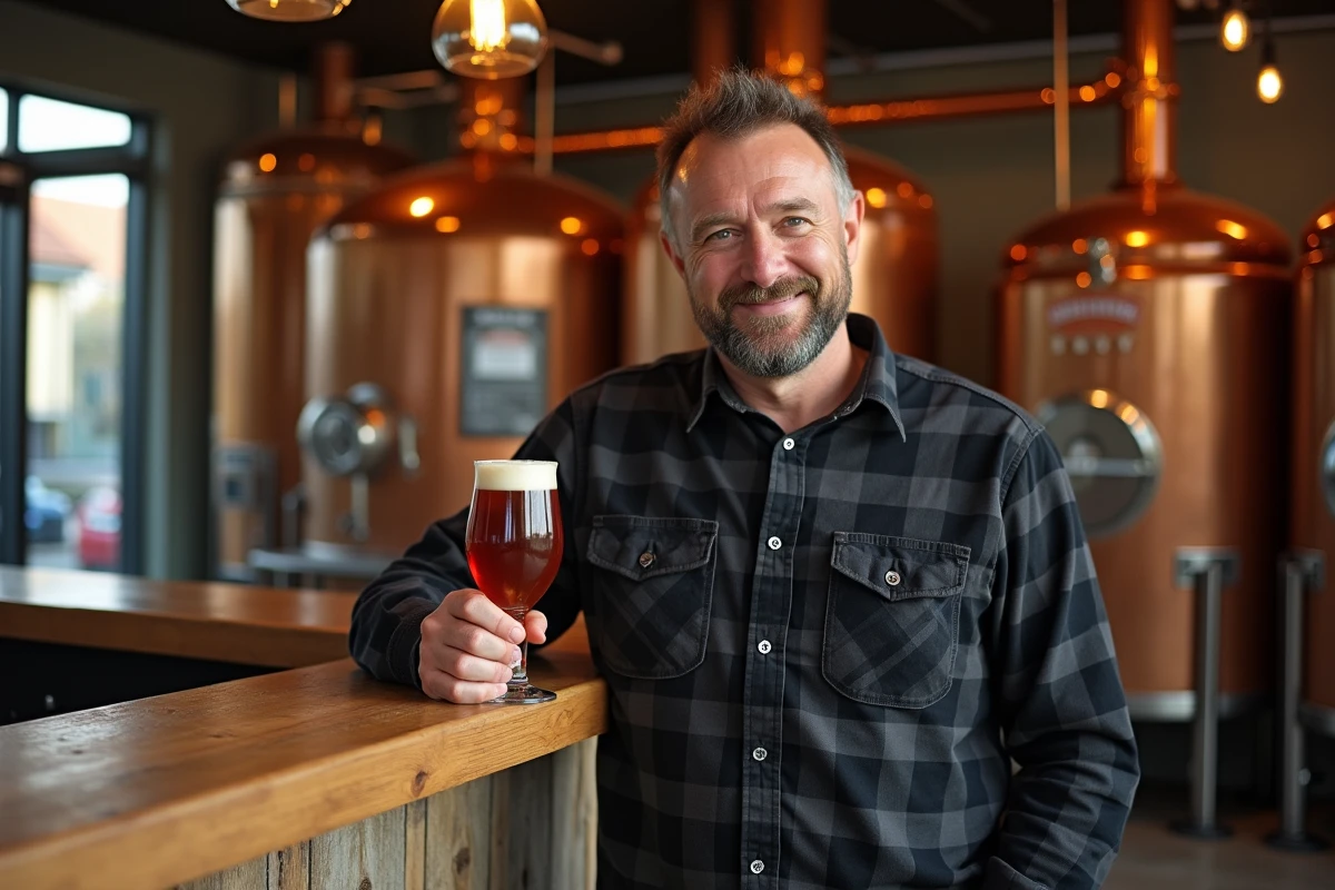 Homme dégustant une bière artisanale dans une brasserie couverte en baie de Somme