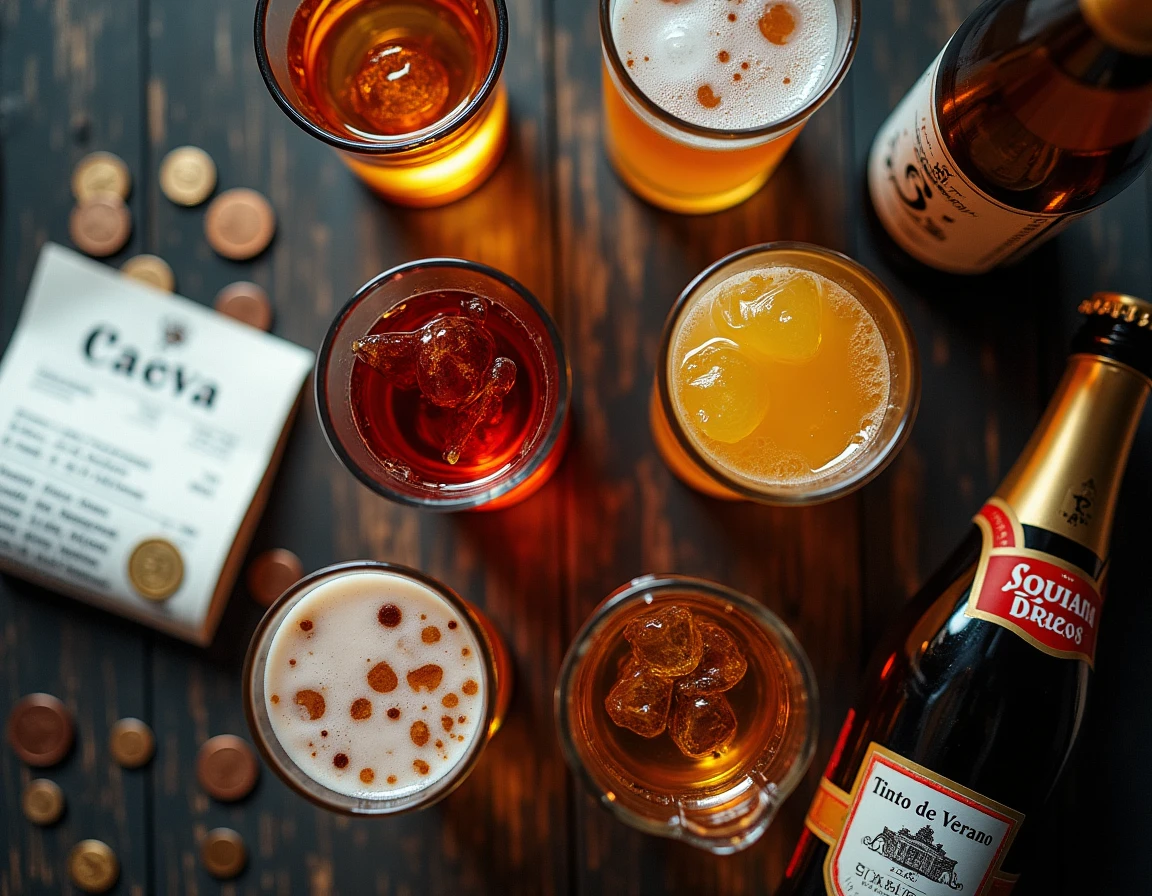 Vue aérienne de verres d'alcool espagnols et pièces d'euros sur une table de bar pour illustrer le budget d'un EVG