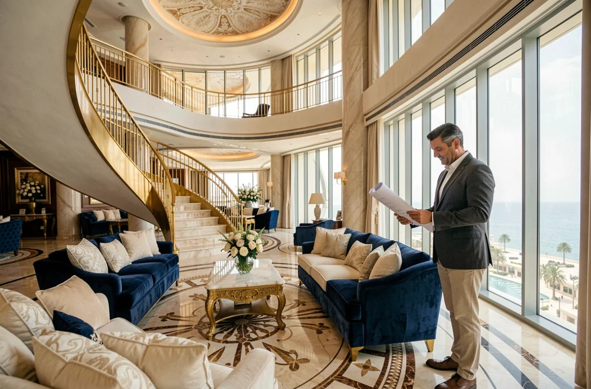 Intérieur rénové d'une suite luxueuse du Burdž Al Arab avec décoration dorée et vue panoramique sur le golfe Arabique