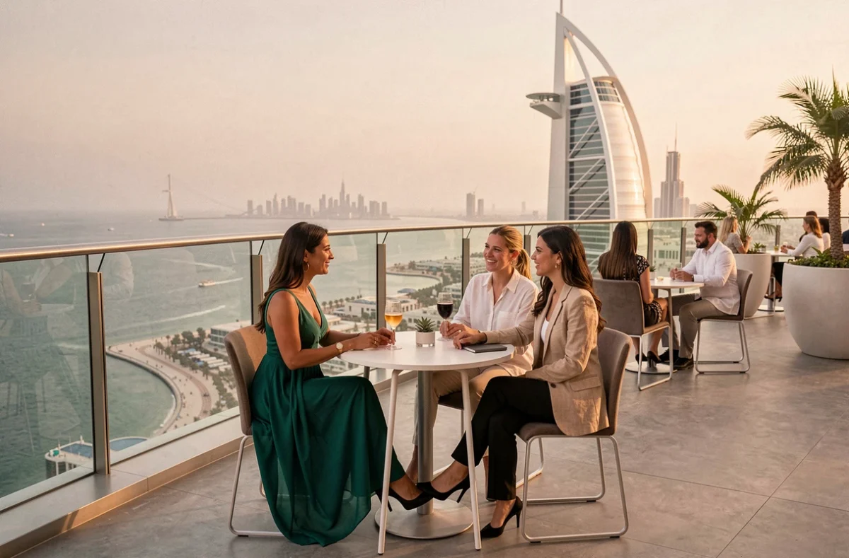 Terrasse bar panoramique du Burdž Al Arab avec vue sur la skyline de Dubaï et Palm Jumeirah, nouvelles installations 2026