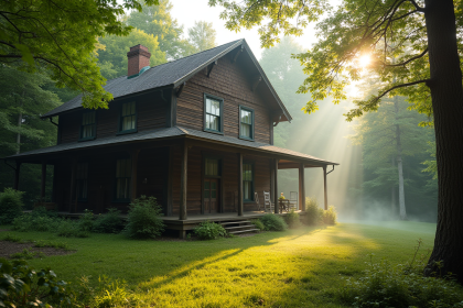 Cabane en bois ancienne entourée de forêt au matin