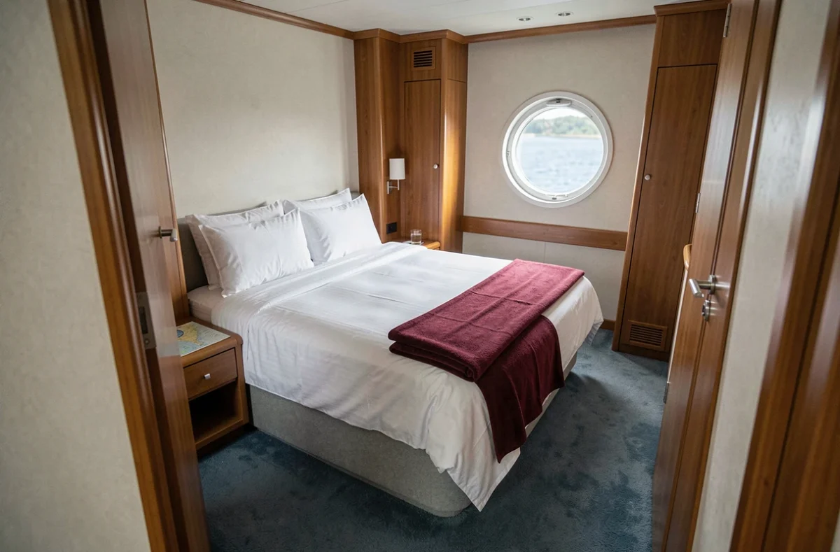 Cabine confortable et bien aménagée d'un bateau de croisière fluviale AB Croisière avec hublot sur l'eau