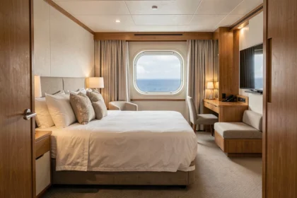Intérieur d'une cabine standard sur un bateau de croisière avec lit double, hublot vue mer et mobilier compact en bois