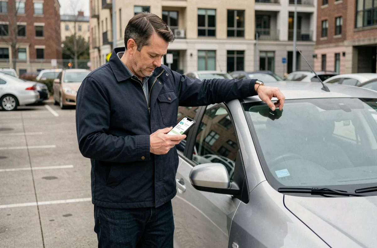 Homme consultant l'application Via Mappy sur son smartphone pour calculer les frais de trajet en voiture en milieu urbain