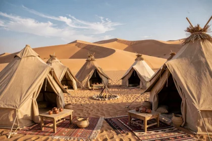 Campement traditionnel bédouin avec tentes en toile et tapis berbères à Ksar Ghilane dans le désert du Sahara tunisien