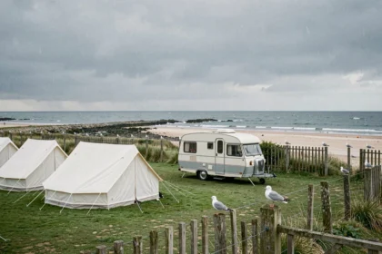 Camping en bord de mer en Normandie avec tentes et vue sur la Manche sous un ciel nuageux