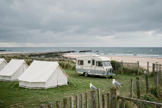 Camping en bord de mer en Normandie avec tentes et vue sur la Manche sous un ciel nuageux