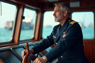 Capitaine de navire en uniforme sur le pont d’un cargo