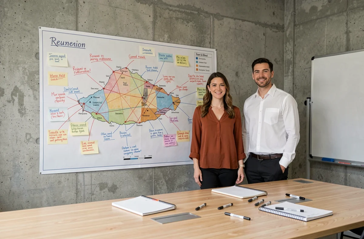 Deux collaborateurs analysant une carte murale personnalisée de La Réunion et de la Martinique avec annotations colorées en salle de réunion