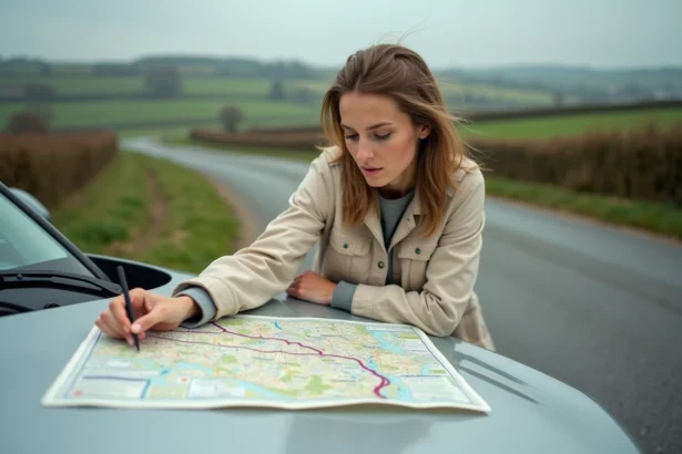 Femme consultant une carte routière de Normandie posée sur le capot d'une voiture en bord de route