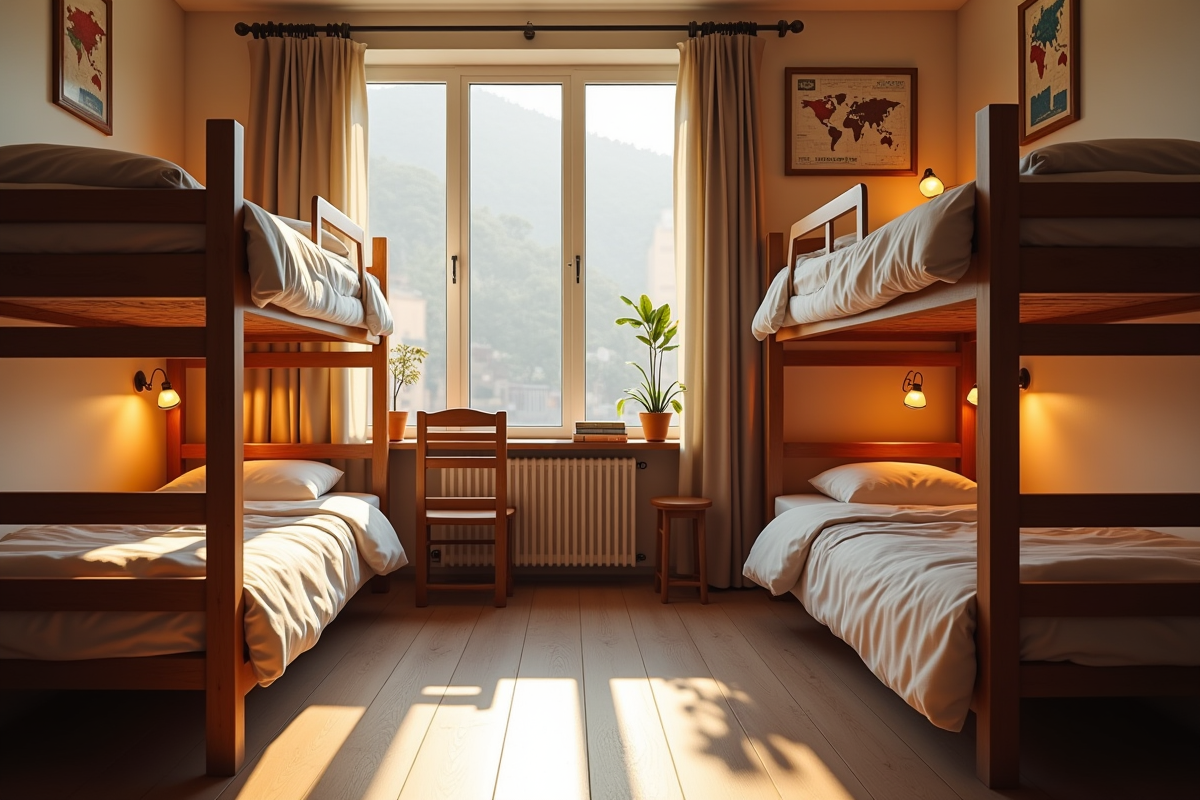 Chambre partagée dans une auberge avec lits superposes et carte du monde