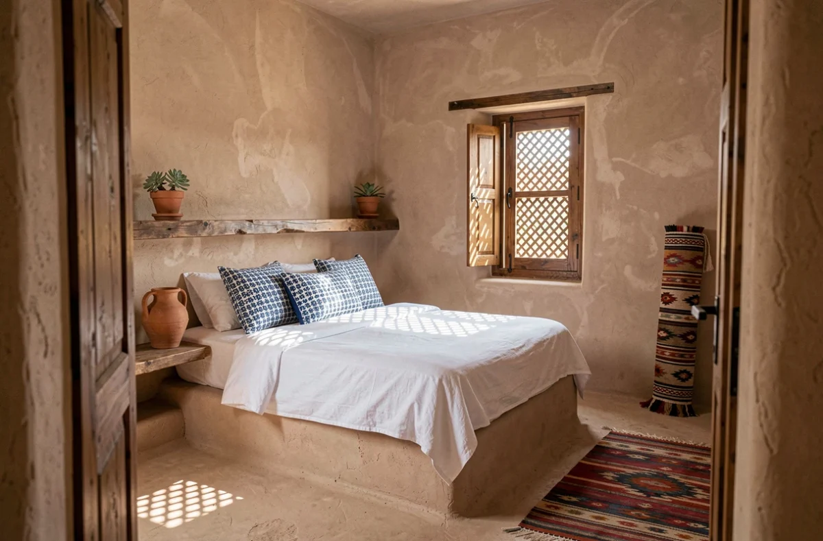 Chambre intérieure d'un écolodge désertique à Ksar Ghilane avec murs en adobe, lit en lin blanc et décorations berbères authentiques