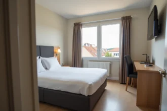 Chambre double confortable et épurée de l'hôtel ibis à Fécamp avec vue sur la ville côtière normande