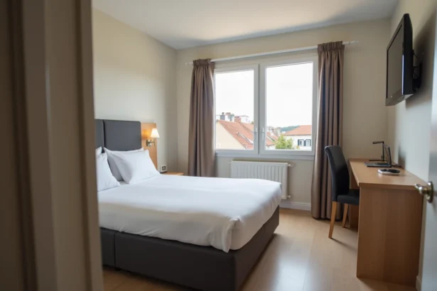 Chambre double confortable et épurée de l'hôtel ibis à Fécamp avec vue sur la ville côtière normande