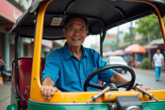Chauffeur de tuk tuk thaïlandais souriant dans la rue de Bangkok