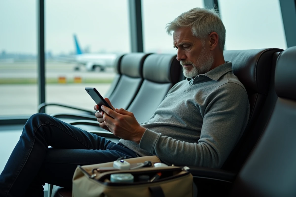Homme consultant une checklist de voyage dans un salon d'aéroport avec un rasoir électrique dans sa trousse de toilette ouverte