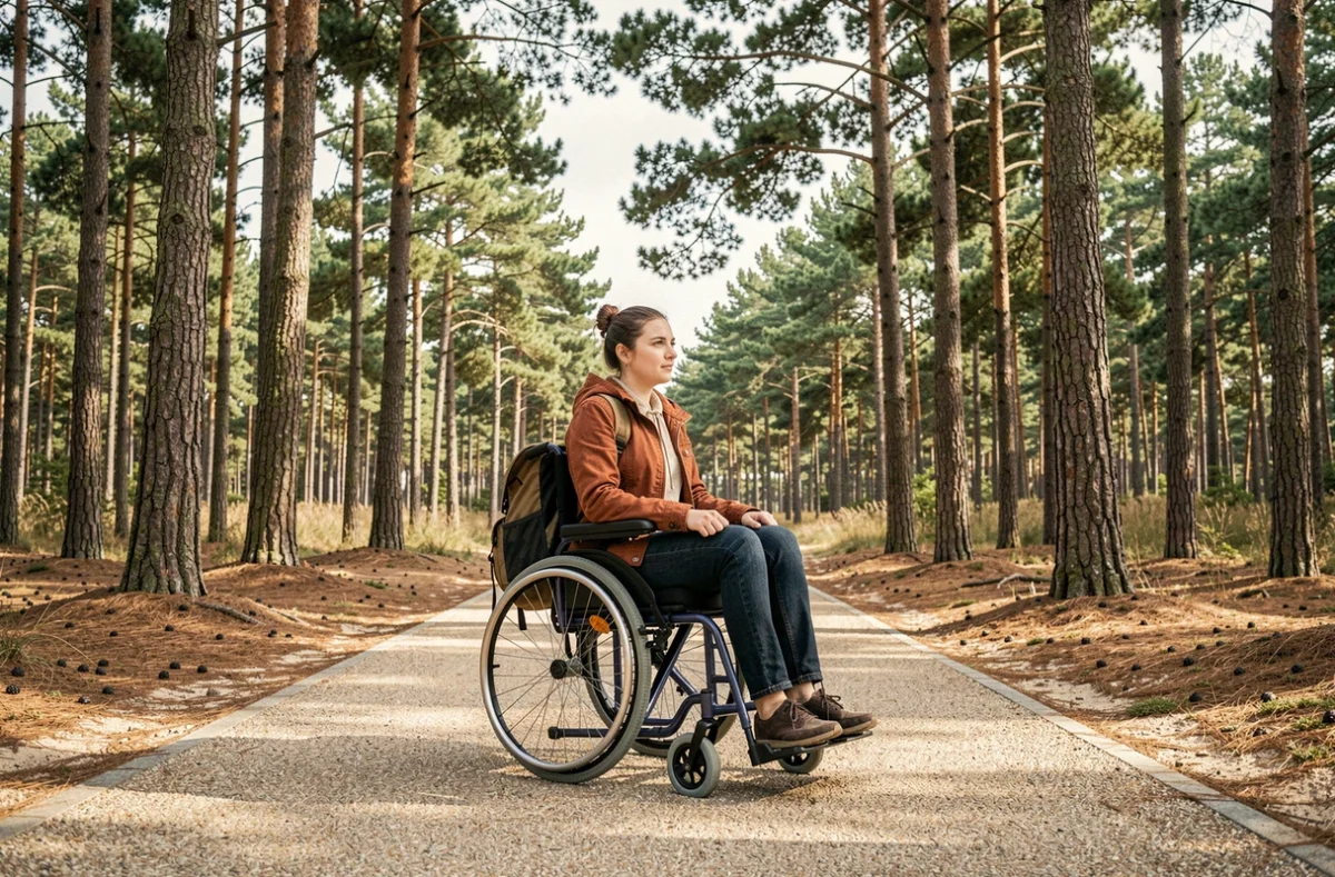 Jeune femme en fauteuil roulant électrique sur un chemin accessible dans la forêt de pins près de la Dune du Pilat