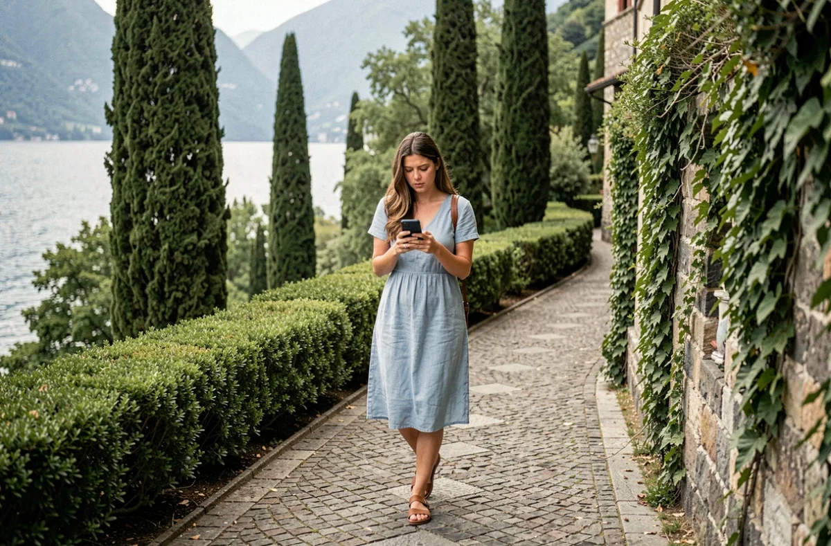 Voyageuse consultant son téléphone sur le sentier de pierre menant à la Villa del Balbianello, site de tournage Star Wars sur le lac de Côme
