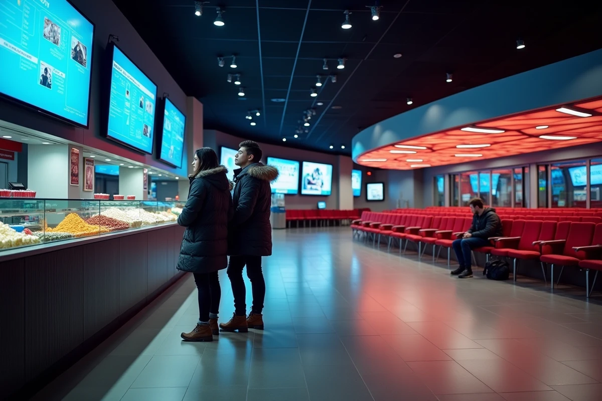 Couple consultant l'affiche des films au cinéma CGR à Abbeville, le plus proche de Saint-Valery
