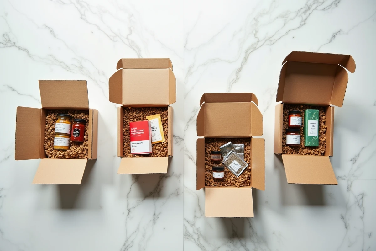 Comparaison de plusieurs box cuisine du monde ouvertes sur un plan de travail en marbre blanc avec épices et recettes
