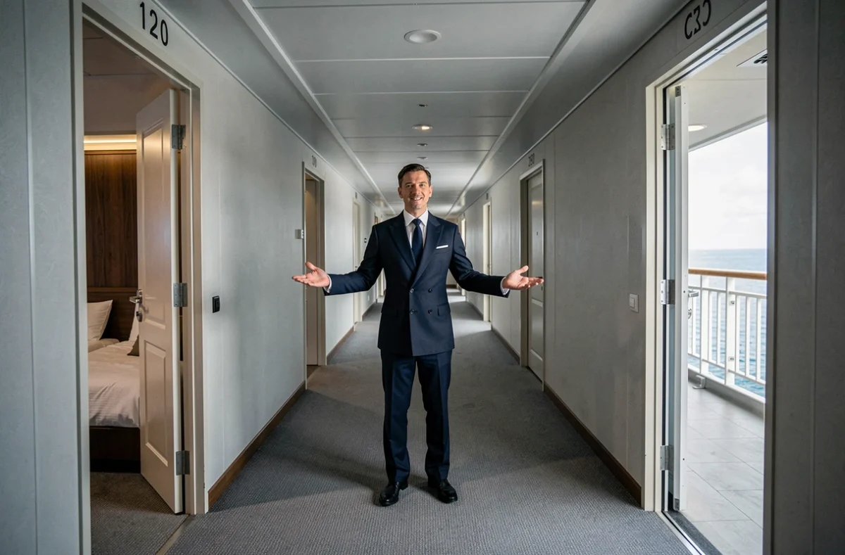 Steward de croisière présentant deux types de cabines différentes dans le couloir d'un bateau de croisière
