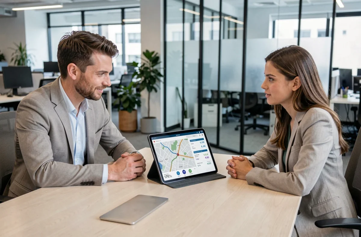 Deux collègues analysant une estimation de coût de déplacement avec Via Mappy sur une tablette en réunion de bureau