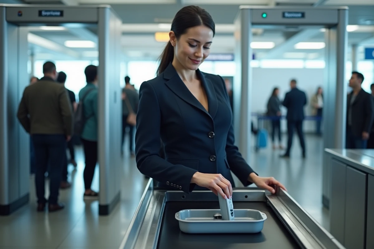 Femme passant le contrôle de sécurité à l'aéroport avec un rasoir électrique posé dans un bac de contrôle