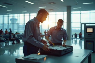 Agents de manutention vérifiant des valises à l'aéroport